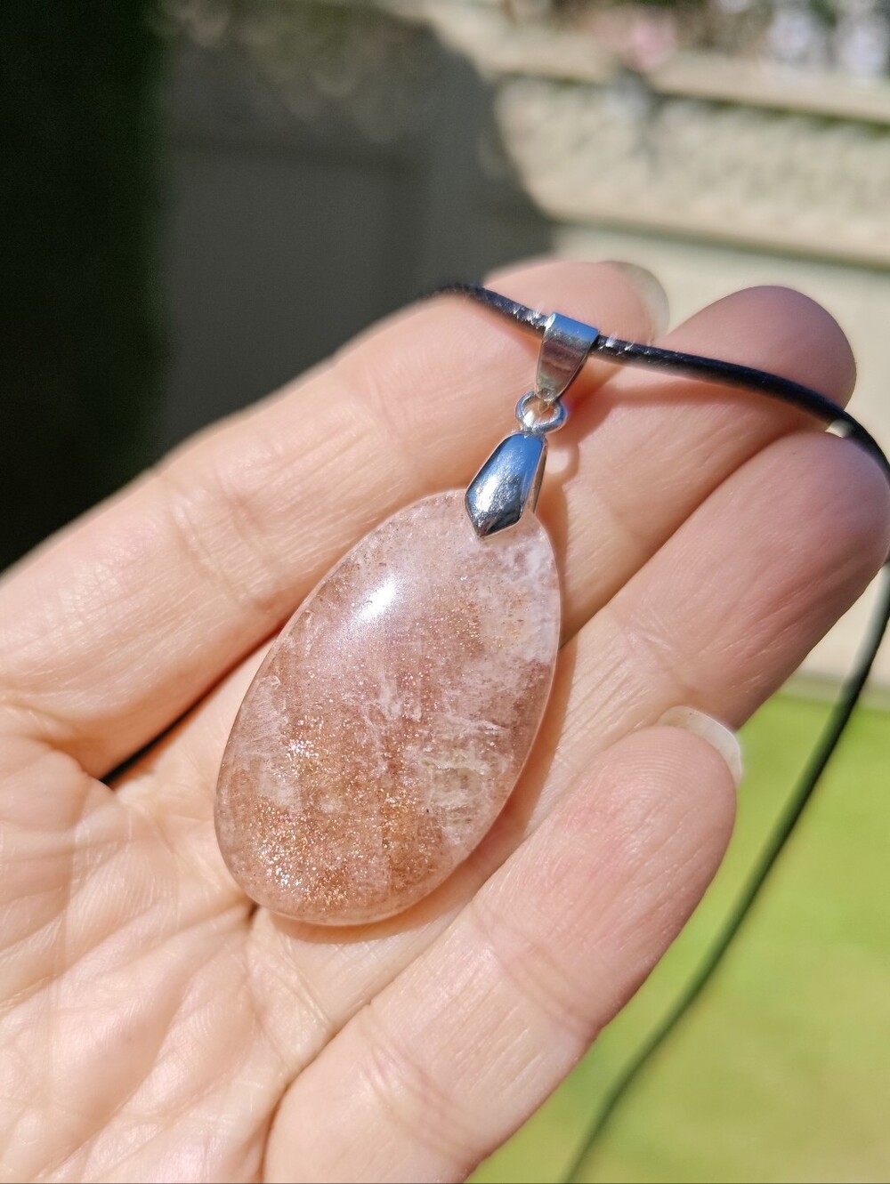 Polished Sunstone Teardrop Pendant Necklace - Pink/Peach